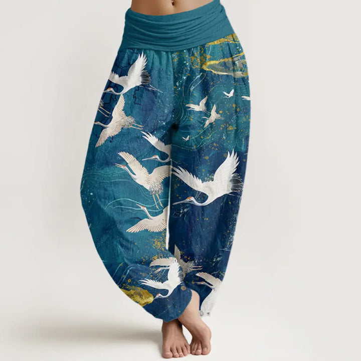 Buddha Stones Cotton Flying White Cranes Auspicious Clouds Design Women’s Elastic Waist Harem Pants - DarkCyan