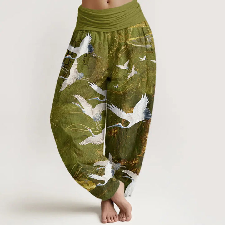 Buddha Stones Cotton Flying White Cranes Auspicious Clouds Design Women’s Elastic Waist Harem Pants - YellowGreen