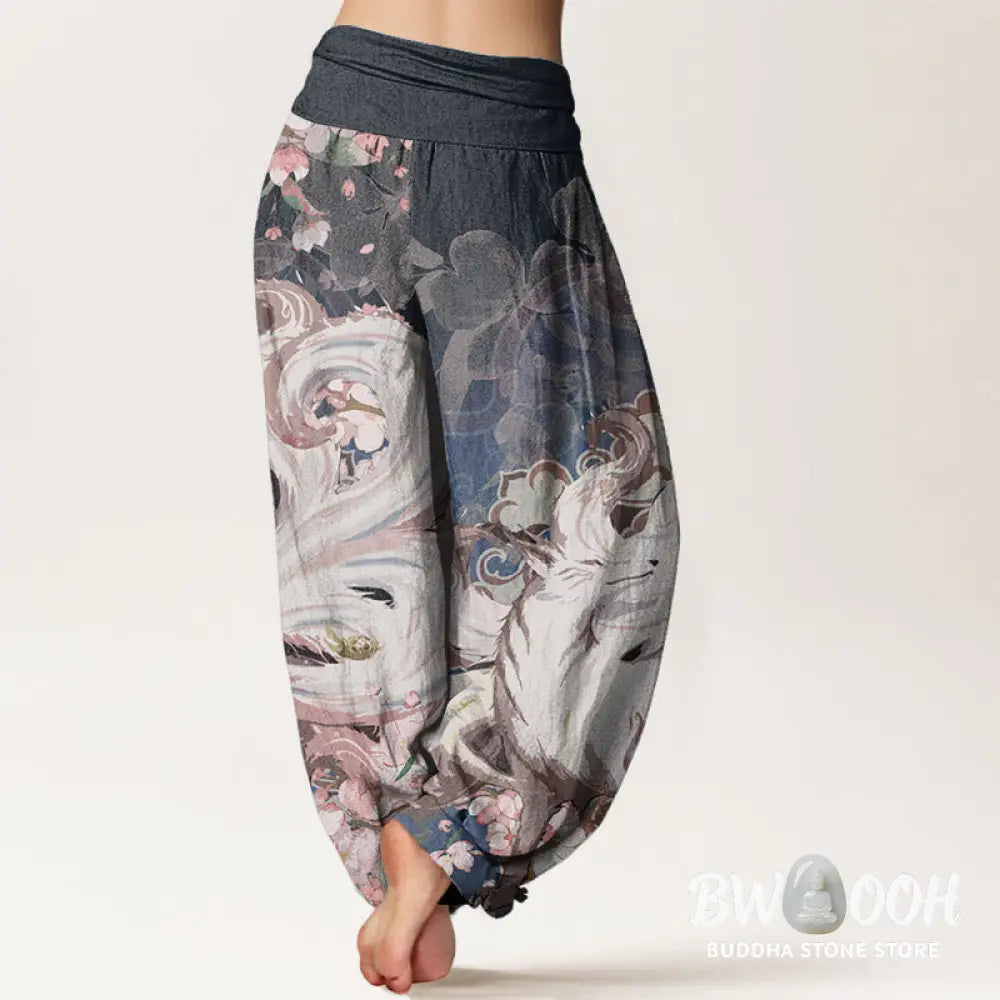 Buddha Stones Cotton Fox Cherry Blossoms Women’s Elastic Waist Harem Pants - Women’s Harem Pants