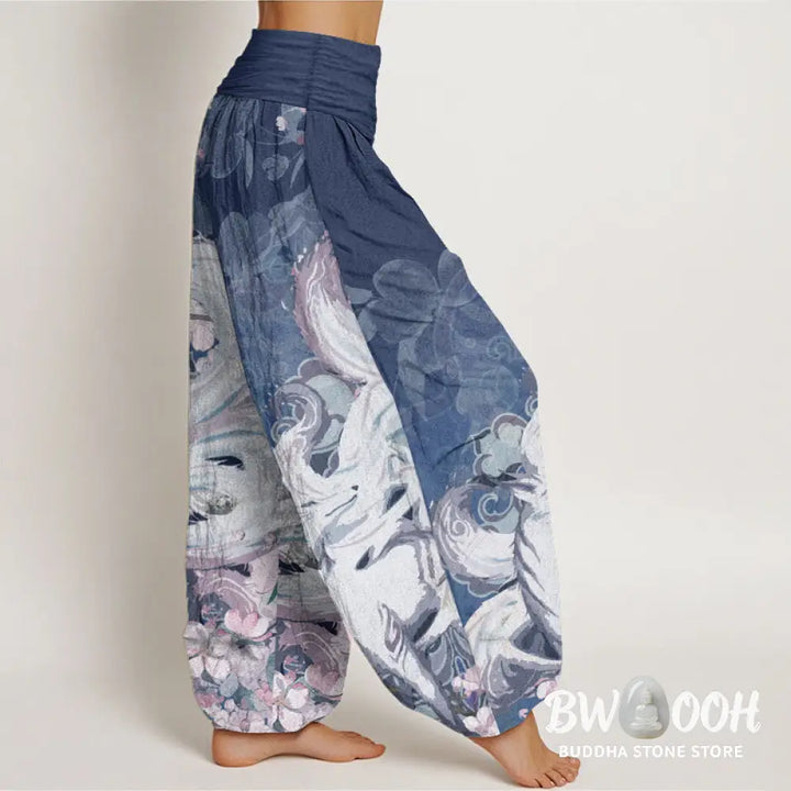 Buddha Stones Cotton Fox Cherry Blossoms Women’s Elastic Waist Harem Pants - Women’s Harem Pants