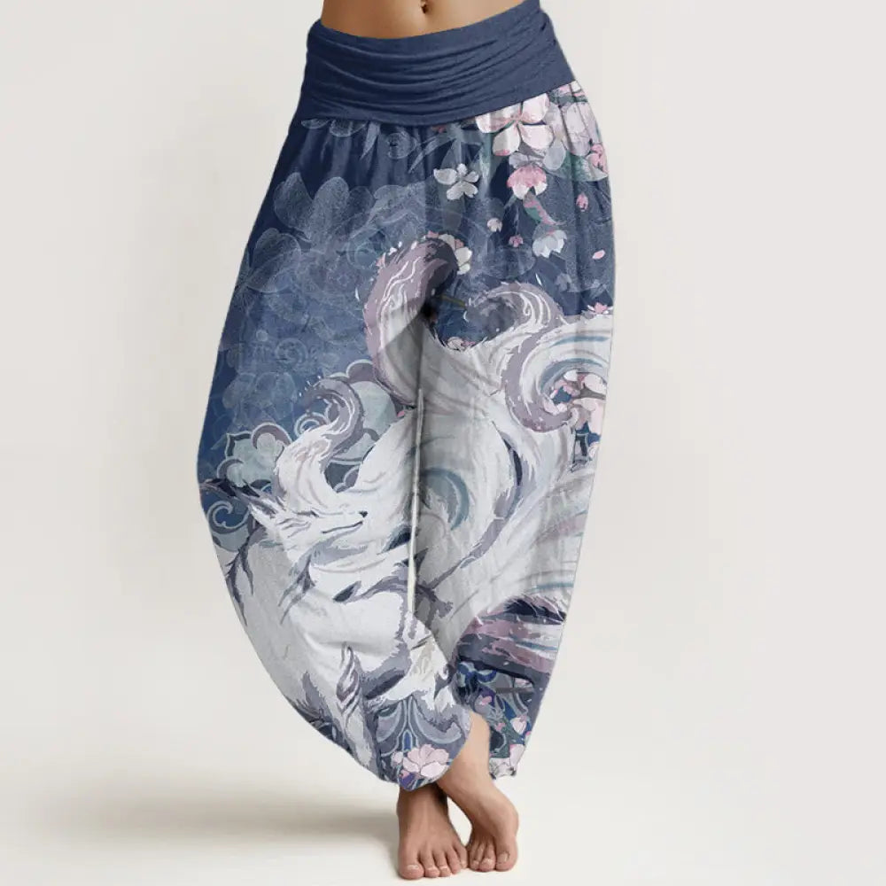 Buddha Stones Cotton Fox Cherry Blossoms Women’s Elastic Waist Harem Pants - Navy / US2，UK/AU6，EU34 (XS) - Women’s