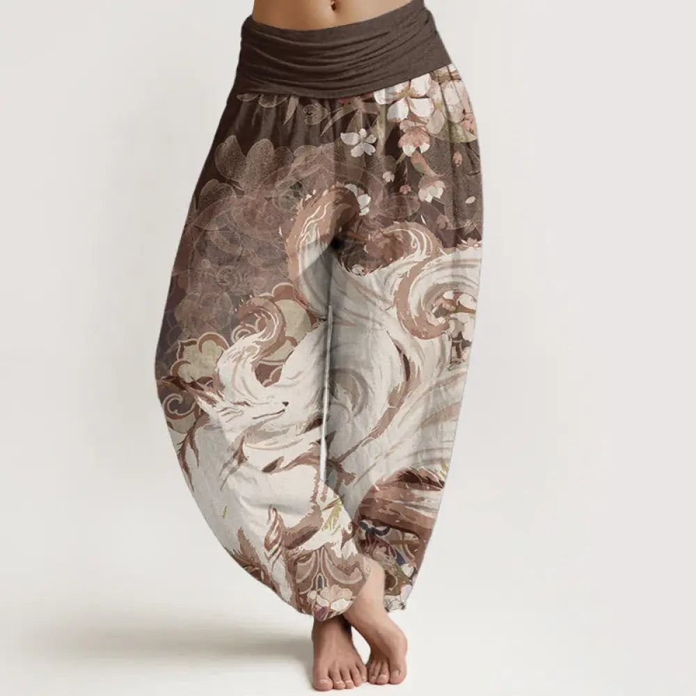 Buddha Stones Cotton Fox Cherry Blossoms Women’s Elastic Waist Harem Pants - SaddleBrown / US2，UK/AU6，EU34 (XS)