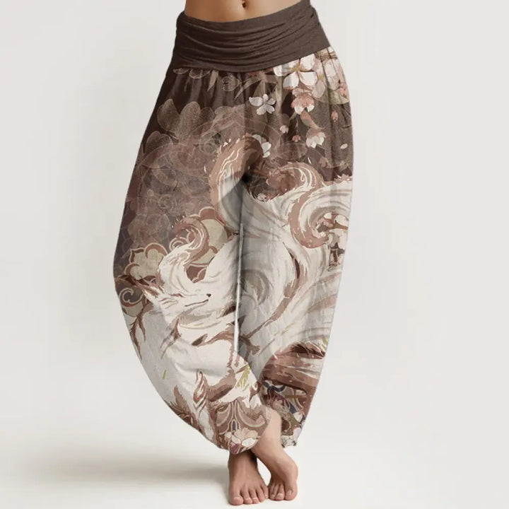 Buddha Stones Cotton Fox Cherry Blossoms Women’s Elastic Waist Harem Pants - SaddleBrown / US2，UK/AU6，EU34 (XS)