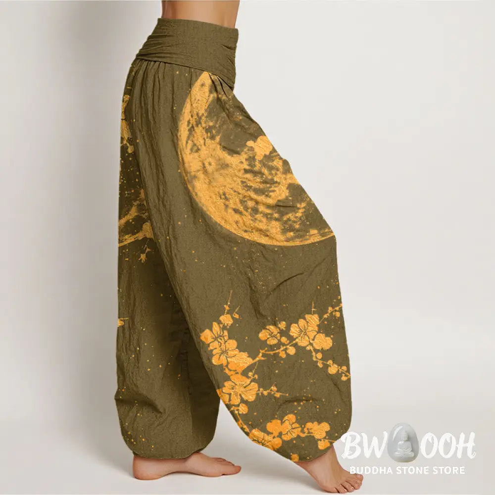 Buddha Stones Cotton Golden Plum Blossom Full Moon Pattern Women’s Elastic Waist Harem Pants - Women’s Harem Pants