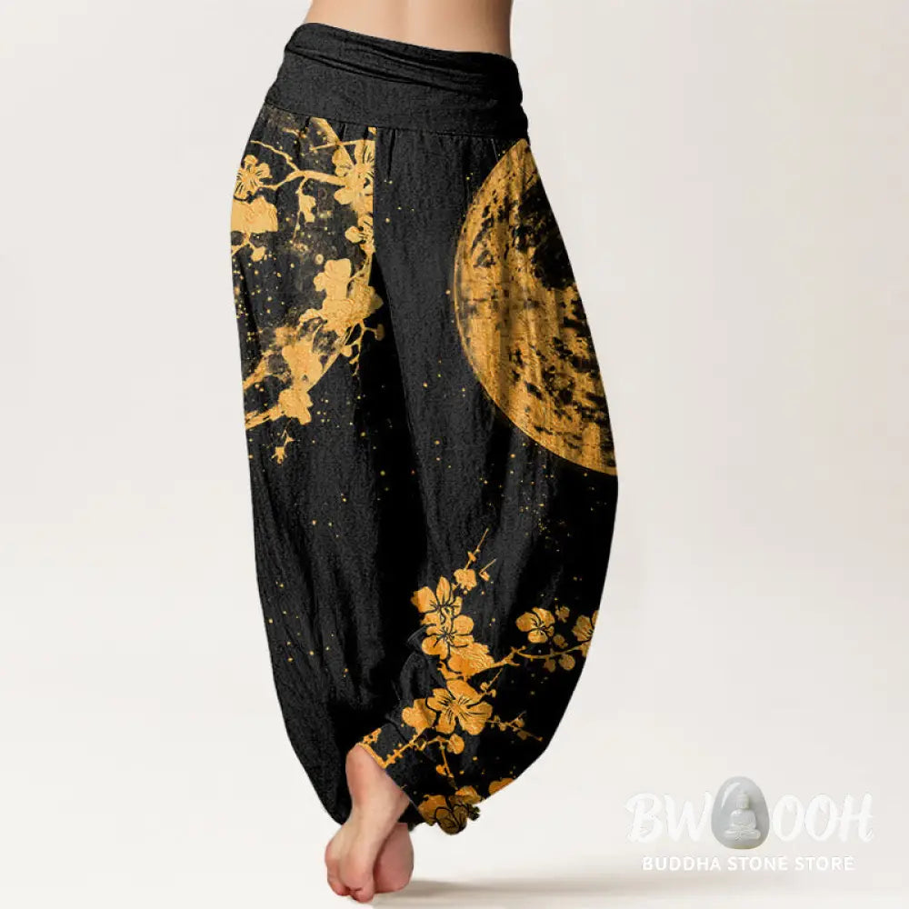 Buddha Stones Cotton Golden Plum Blossom Full Moon Pattern Women’s Elastic Waist Harem Pants - Women’s Harem Pants