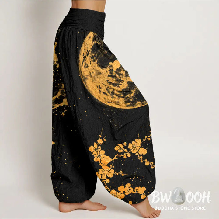 Buddha Stones Cotton Golden Plum Blossom Full Moon Pattern Women’s Elastic Waist Harem Pants - Women’s Harem Pants
