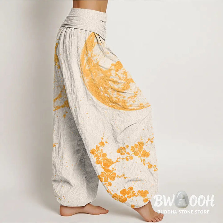 Buddha Stones Cotton Golden Plum Blossom Full Moon Pattern Women’s Elastic Waist Harem Pants - Women’s Harem Pants