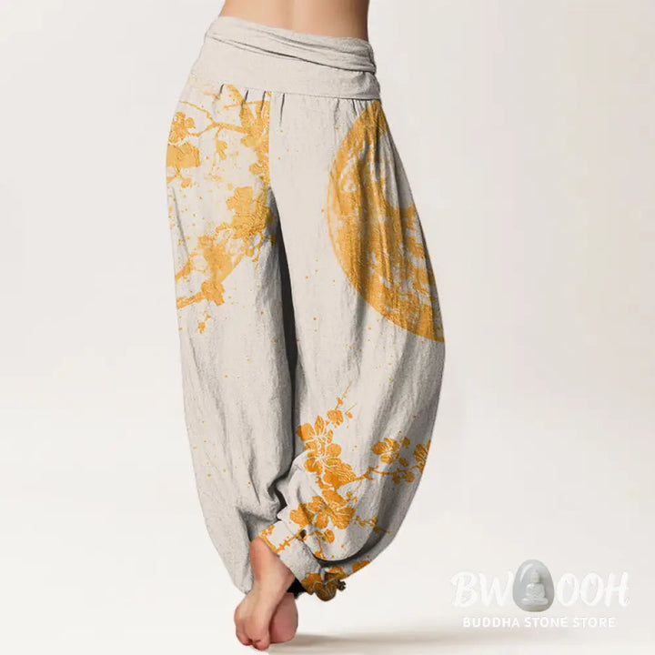 Buddha Stones Cotton Golden Plum Blossom Full Moon Pattern Women’s Elastic Waist Harem Pants - Women’s Harem Pants