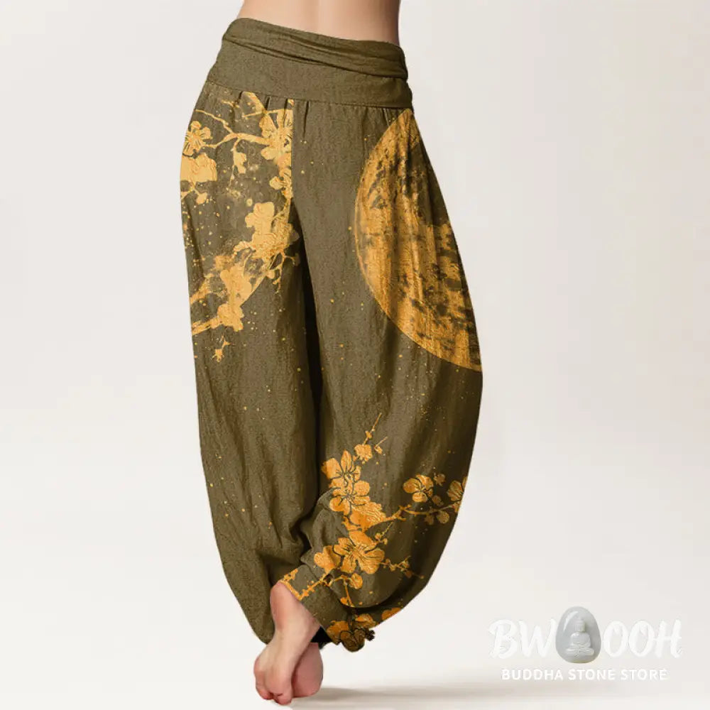 Buddha Stones Cotton Golden Plum Blossom Full Moon Pattern Women’s Elastic Waist Harem Pants - Women’s Harem Pants