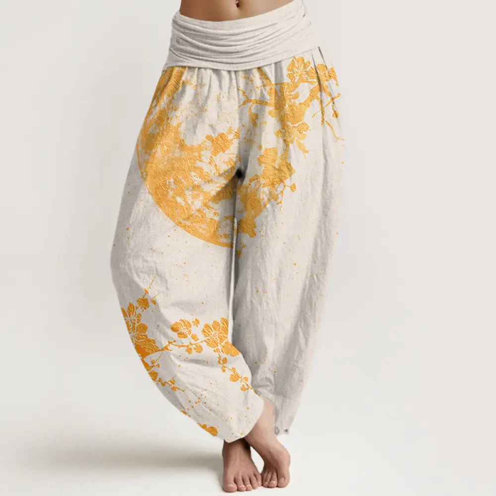 Buddha Stones Cotton Golden Plum Blossom Full Moon Pattern Women’s Elastic Waist Harem Pants - Beige / US2，UK/AU6，EU34