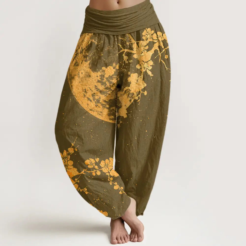 Buddha Stones Cotton Golden Plum Blossom Full Moon Pattern Women’s Elastic Waist Harem Pants - Olive / US2，UK/AU6，EU34