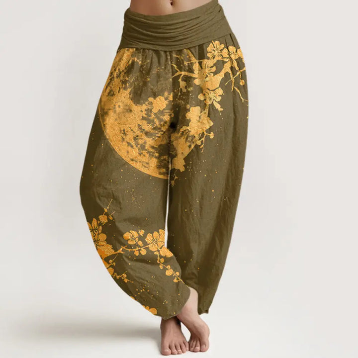 Buddha Stones Cotton Golden Plum Blossom Full Moon Pattern Women’s Elastic Waist Harem Pants - Olive / US2，UK/AU6，EU34