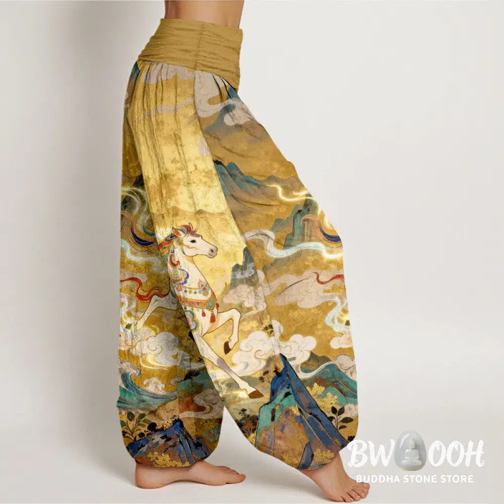 Buddha Stones Cotton Gorgeous Mountain Horse Cloud Pattern Women’s Elastic Waist Harem Pants - Women’s Harem Pants