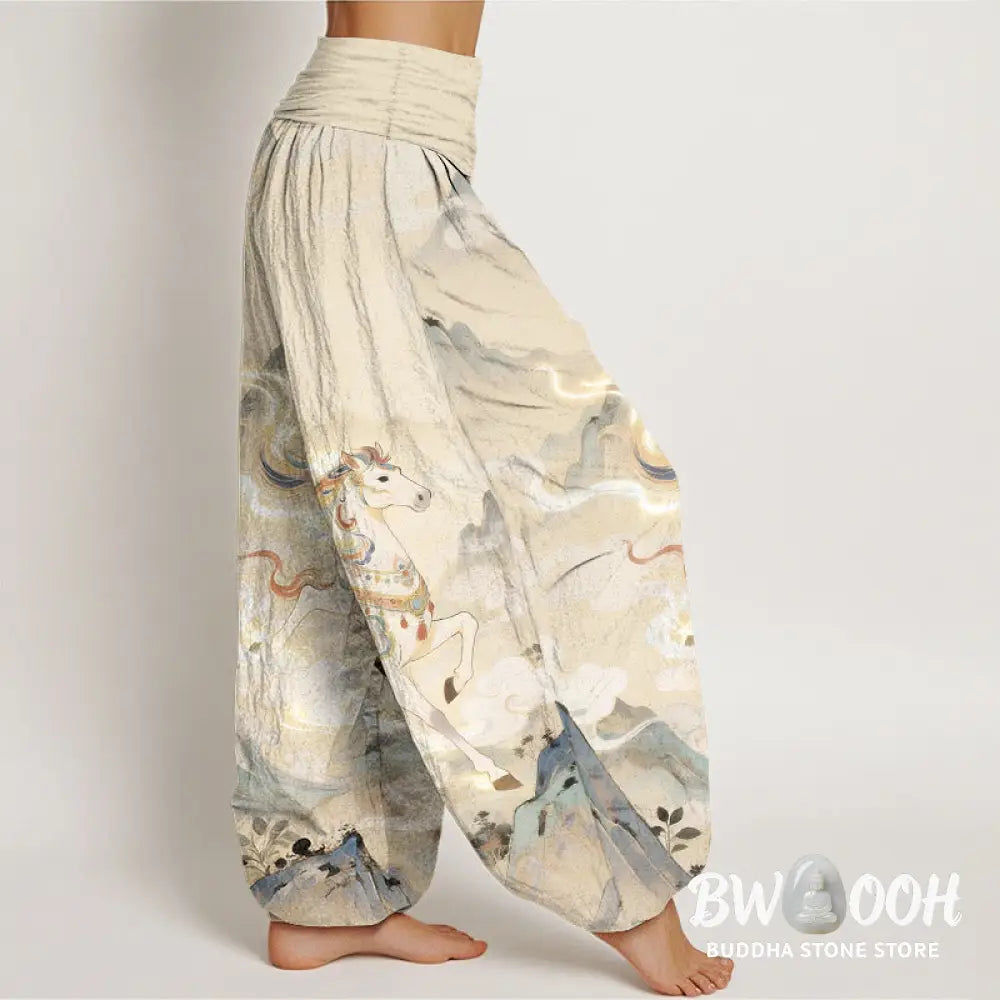Buddha Stones Cotton Gorgeous Mountain Horse Cloud Pattern Women’s Elastic Waist Harem Pants - Women’s Harem Pants