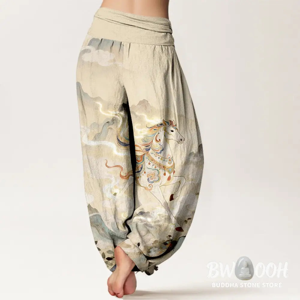 Buddha Stones Cotton Gorgeous Mountain Horse Cloud Pattern Women’s Elastic Waist Harem Pants - Women’s Harem Pants