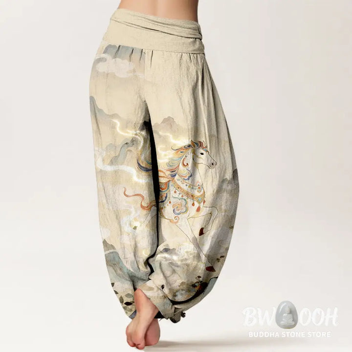 Buddha Stones Cotton Gorgeous Mountain Horse Cloud Pattern Women’s Elastic Waist Harem Pants - Women’s Harem Pants