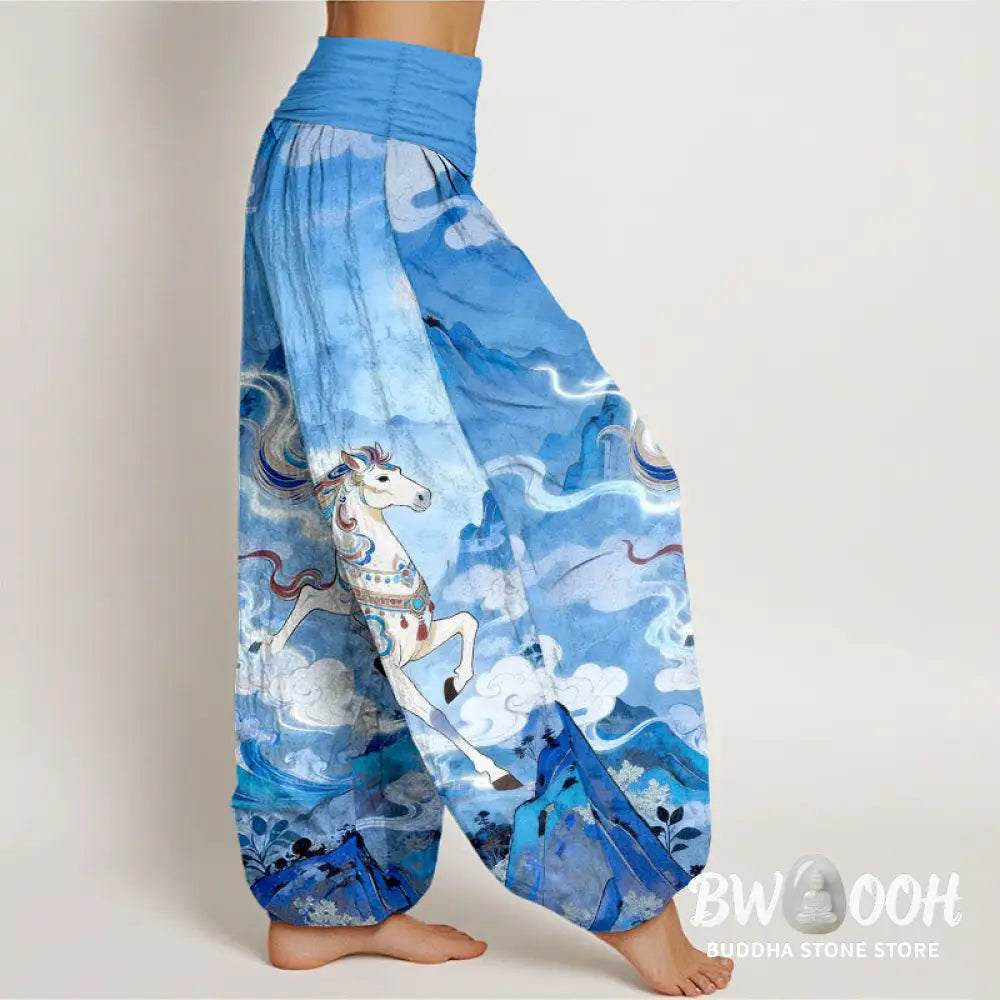 Buddha Stones Cotton Gorgeous Mountain Horse Cloud Pattern Women’s Elastic Waist Harem Pants - Women’s Harem Pants