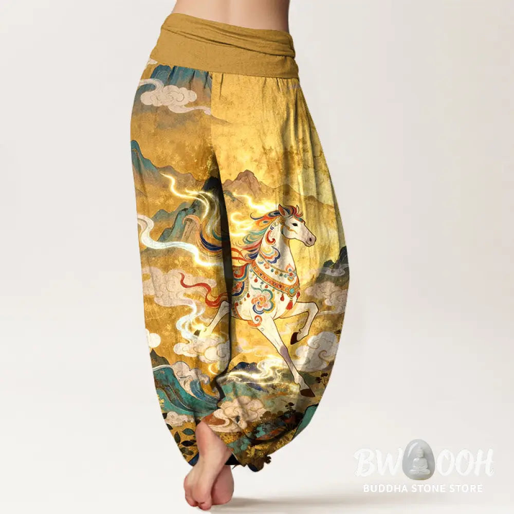 Buddha Stones Cotton Gorgeous Mountain Horse Cloud Pattern Women’s Elastic Waist Harem Pants - Women’s Harem Pants