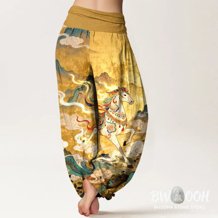 Buddha Stones Cotton Gorgeous Mountain Horse Cloud Pattern Women’s Elastic Waist Harem Pants - Women’s Harem Pants