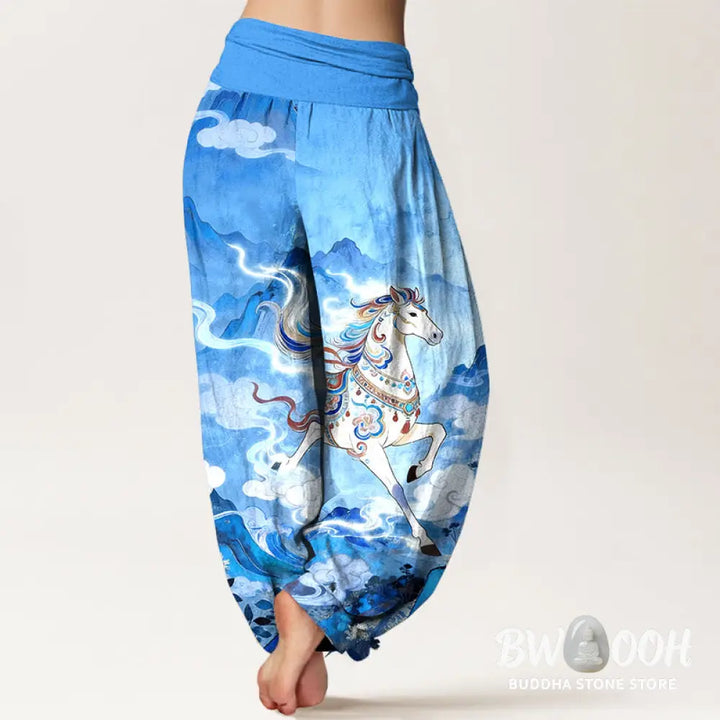 Buddha Stones Cotton Gorgeous Mountain Horse Cloud Pattern Women’s Elastic Waist Harem Pants - Women’s Harem Pants