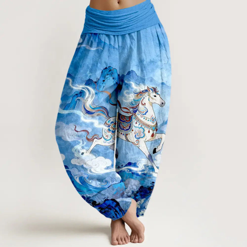 Buddha Stones Cotton Gorgeous Mountain Horse Cloud Pattern Women’s Elastic Waist Harem Pants - DodgerBlue