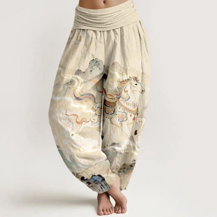Buddha Stones Cotton Gorgeous Mountain Horse Cloud Pattern Women’s Elastic Waist Harem Pants - LightGoldenrodYellow