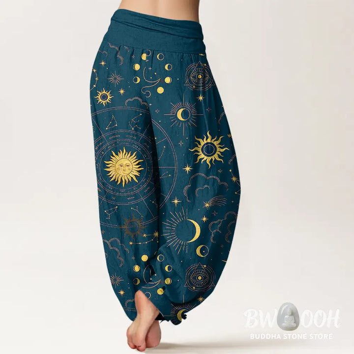 Buddha Stones Cotton Gorgeous Sun Moon Star Constellation Cloud Pattern Women’s Elastic Waist Harem Pants - Women’s