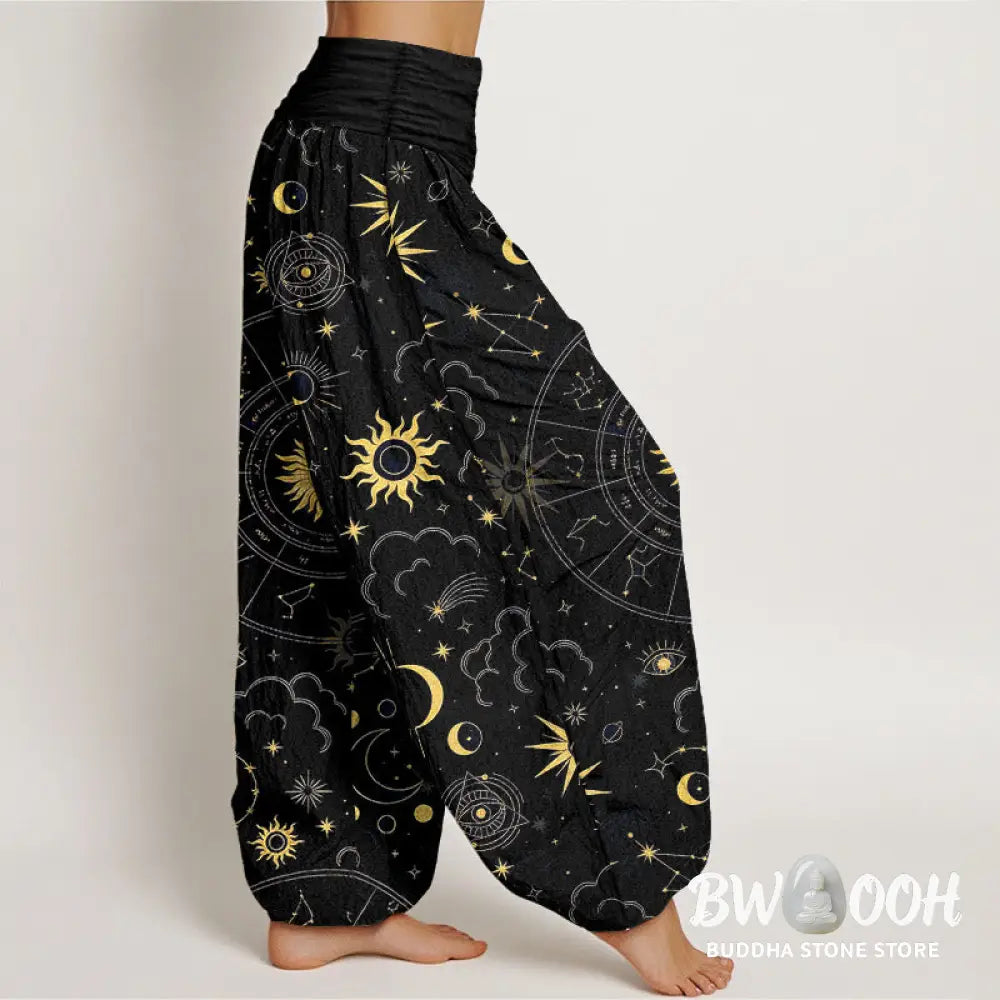 Buddha Stones Cotton Gorgeous Sun Moon Star Constellation Cloud Pattern Women’s Elastic Waist Harem Pants - Women’s