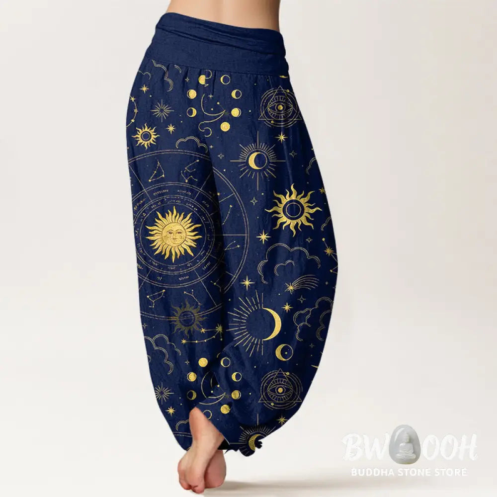 Buddha Stones Cotton Gorgeous Sun Moon Star Constellation Cloud Pattern Women’s Elastic Waist Harem Pants - Women’s