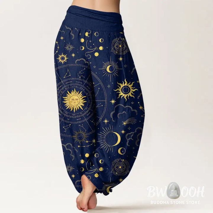 Buddha Stones Cotton Gorgeous Sun Moon Star Constellation Cloud Pattern Women’s Elastic Waist Harem Pants - Women’s