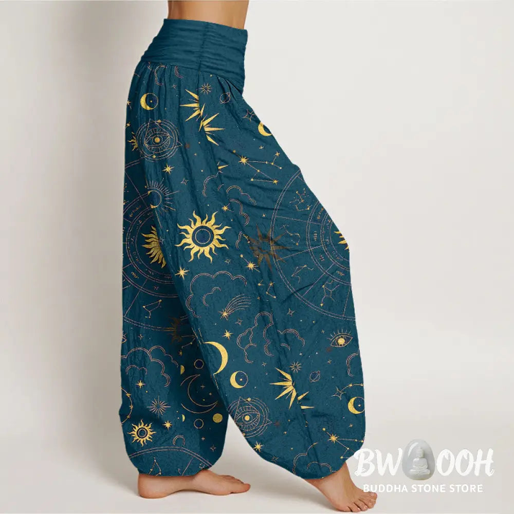 Buddha Stones Cotton Gorgeous Sun Moon Star Constellation Cloud Pattern Women’s Elastic Waist Harem Pants - Women’s