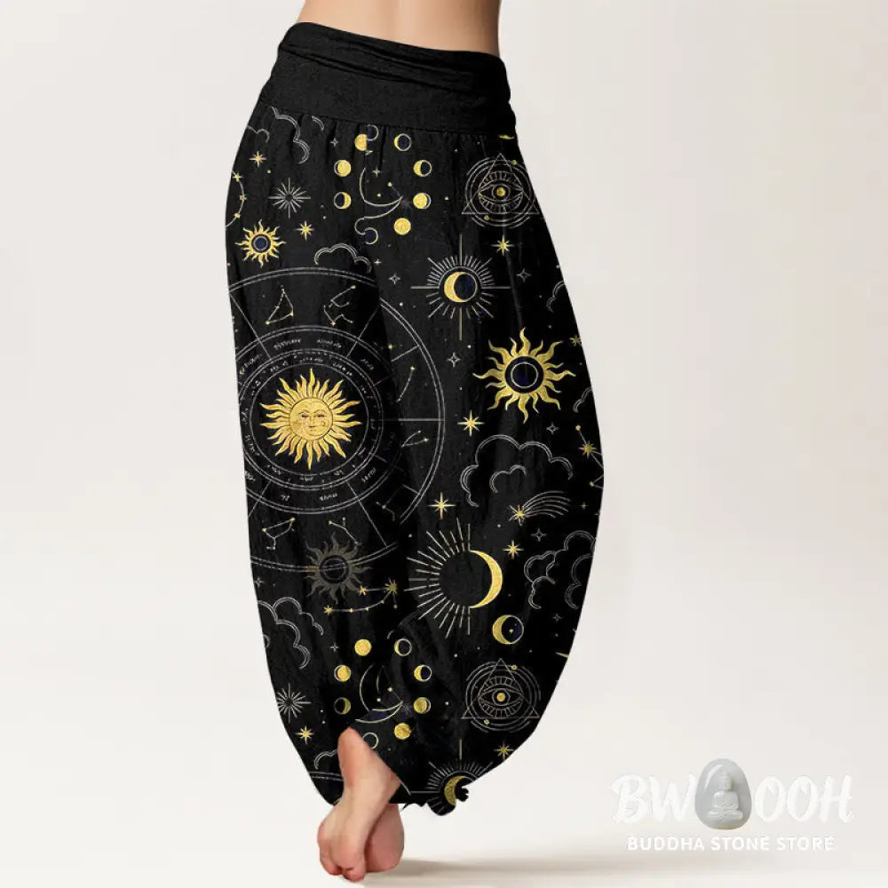 Buddha Stones Cotton Gorgeous Sun Moon Star Constellation Cloud Pattern Women’s Elastic Waist Harem Pants - Women’s