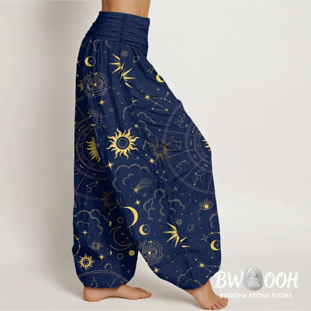 Buddha Stones Cotton Gorgeous Sun Moon Star Constellation Cloud Pattern Women’s Elastic Waist Harem Pants - Women’s