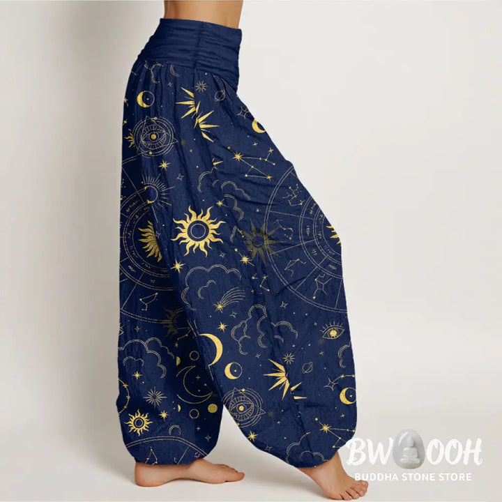 Buddha Stones Cotton Gorgeous Sun Moon Star Constellation Cloud Pattern Women’s Elastic Waist Harem Pants - Women’s