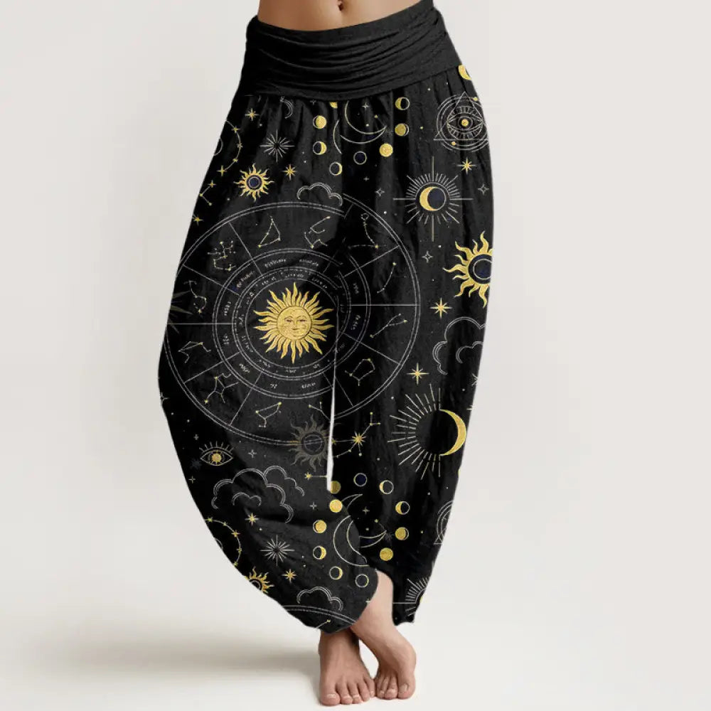 Buddha Stones Cotton Gorgeous Sun Moon Star Constellation Cloud Pattern Women’s Elastic Waist Harem Pants - Black