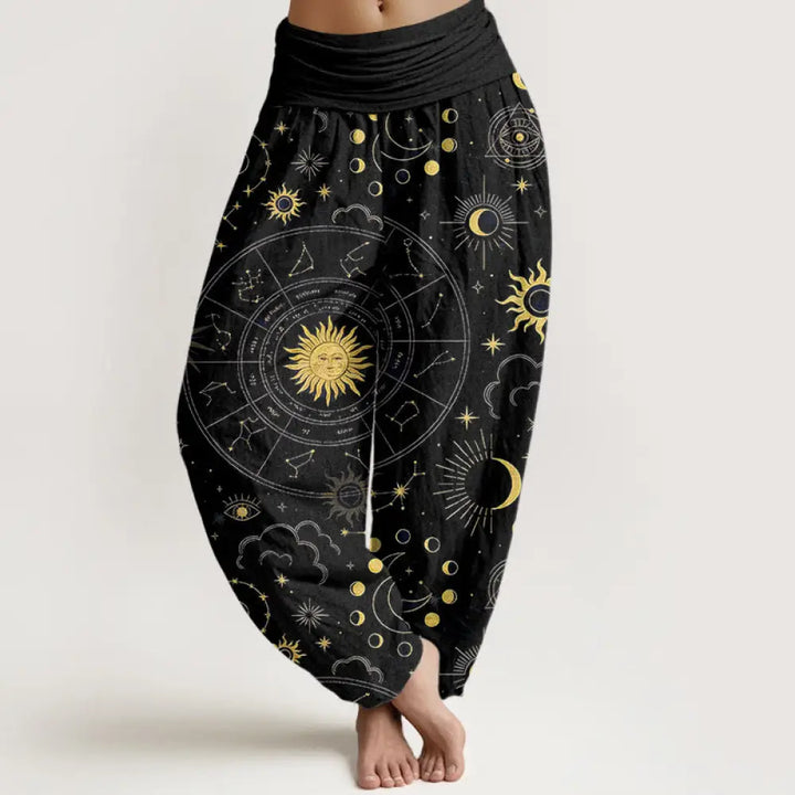 Buddha Stones Cotton Gorgeous Sun Moon Star Constellation Cloud Pattern Women’s Elastic Waist Harem Pants - Black