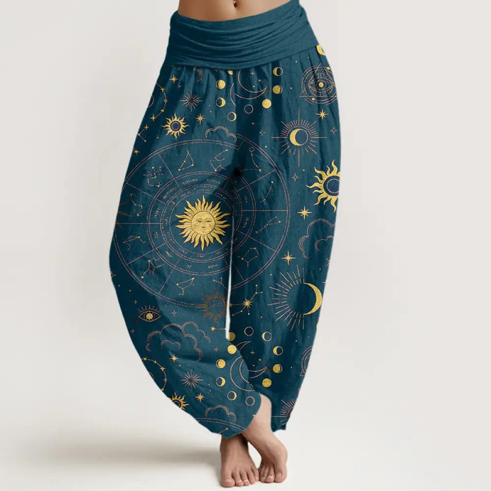 Buddha Stones Cotton Gorgeous Sun Moon Star Constellation Cloud Pattern Women’s Elastic Waist Harem Pants - Teal