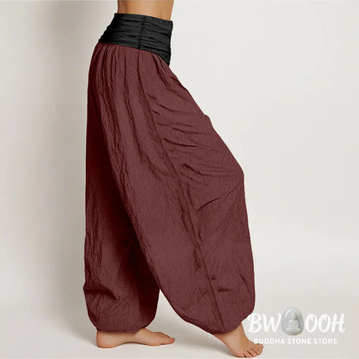Buddha Stones Cotton Green Black Brown Red Solid Color Women’s Elastic Waist Harem Pants - Women’s Harem Pants