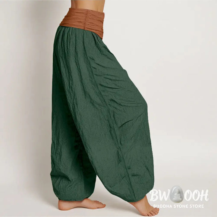 Buddha Stones Cotton Green Black Brown Red Solid Color Women’s Elastic Waist Harem Pants - Women’s Harem Pants