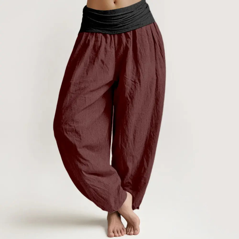 Buddha Stones Cotton Green Black Brown Red Solid Color Women’s Elastic Waist Harem Pants - DarkRed / US2，UK/AU6，EU34