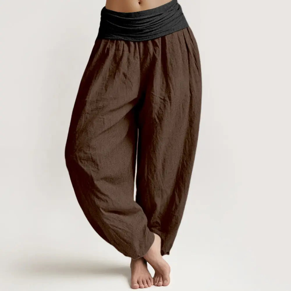 Buddha Stones Cotton Green Black Brown Red Solid Color Women’s Elastic Waist Harem Pants - SaddleBrown
