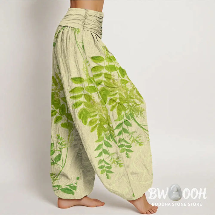 Buddha Stones Cotton Green Leaves Branches Women’s Elastic Waist Harem Pants - Women’s Harem Pants