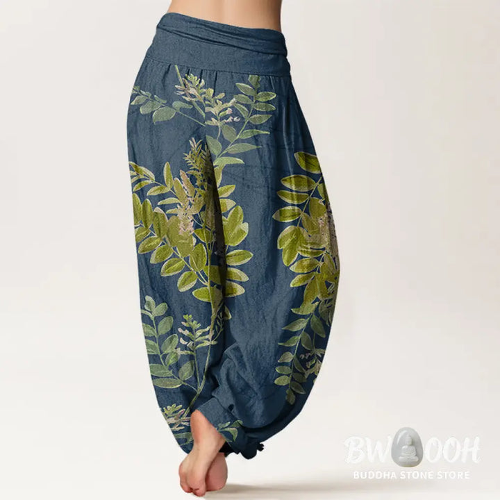 Buddha Stones Cotton Green Leaves Branches Women’s Elastic Waist Harem Pants - Women’s Harem Pants