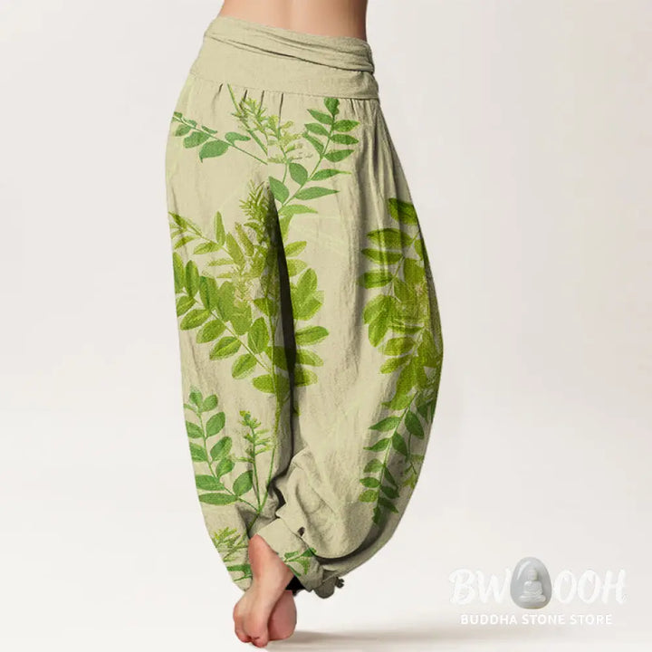 Buddha Stones Cotton Green Leaves Branches Women’s Elastic Waist Harem Pants - Women’s Harem Pants