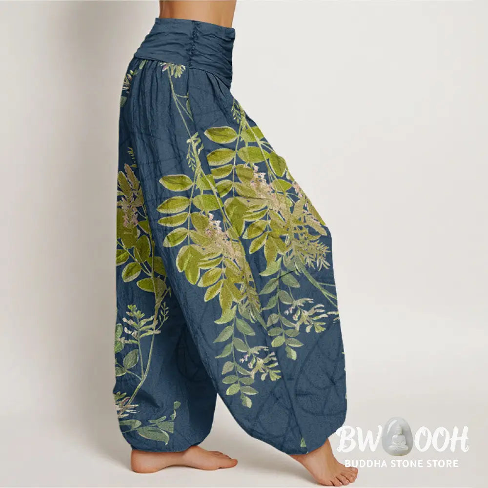 Buddha Stones Cotton Green Leaves Branches Women’s Elastic Waist Harem Pants - Women’s Harem Pants
