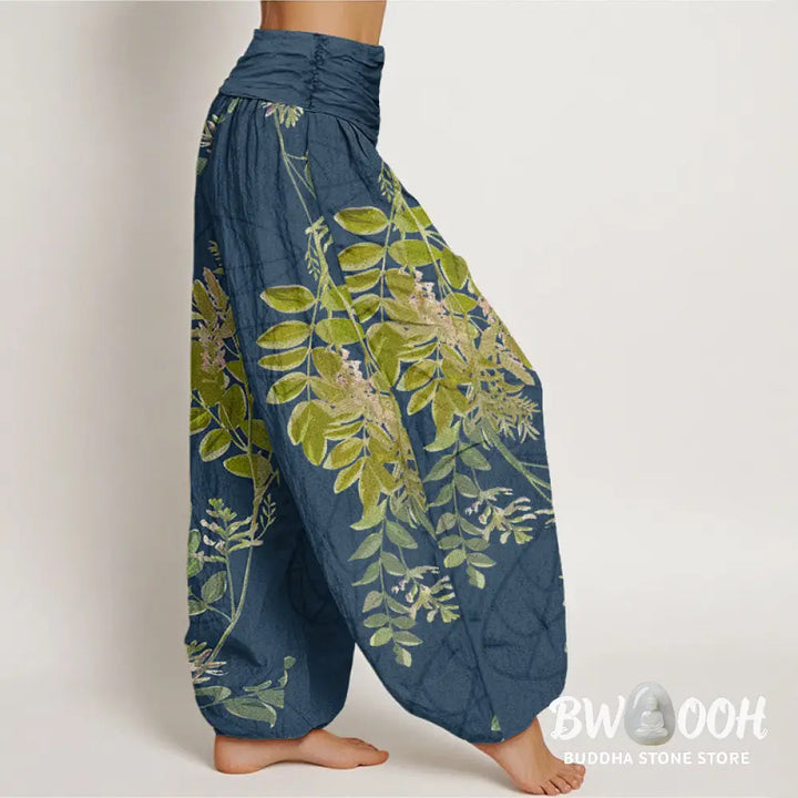Buddha Stones Cotton Green Leaves Branches Women’s Elastic Waist Harem Pants - Women’s Harem Pants