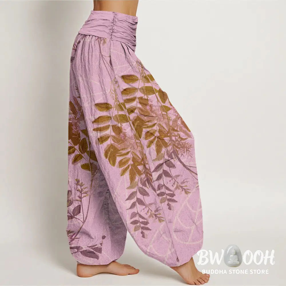 Buddha Stones Cotton Green Leaves Branches Women’s Elastic Waist Harem Pants - Women’s Harem Pants