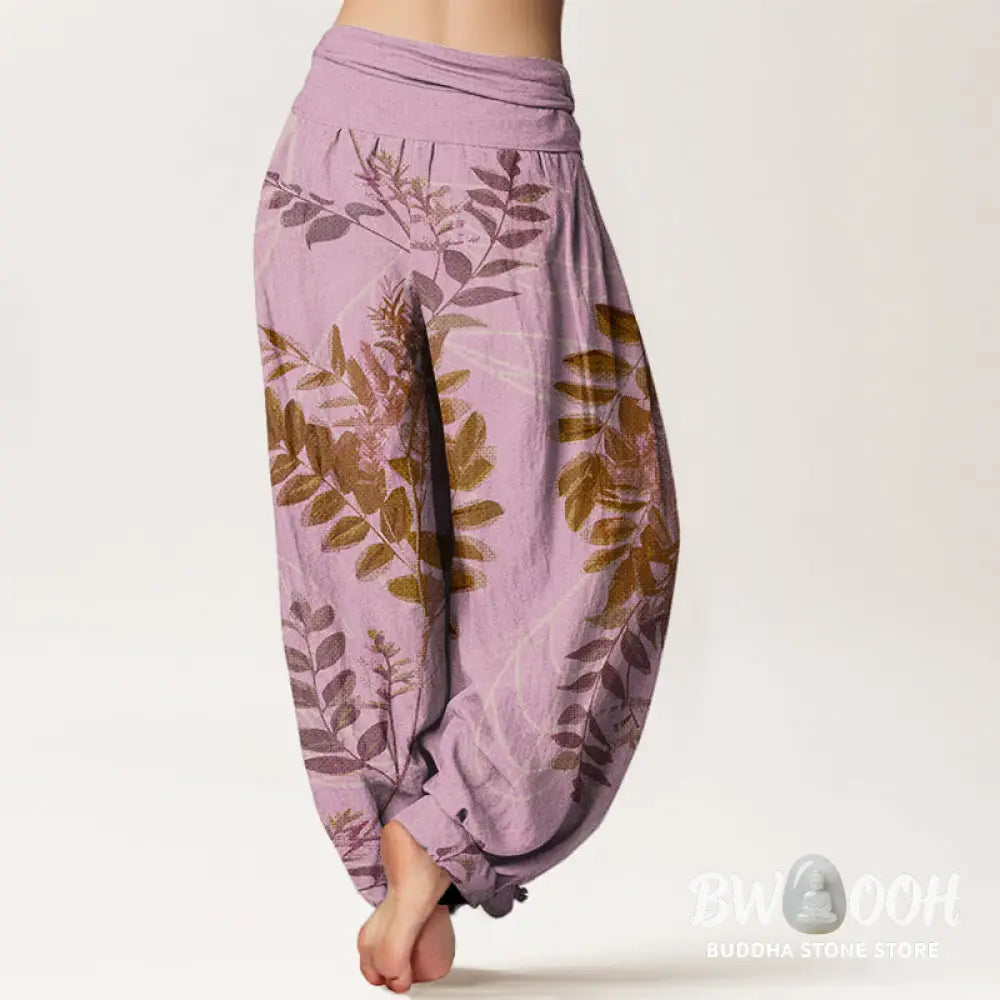 Buddha Stones Cotton Green Leaves Branches Women’s Elastic Waist Harem Pants - Women’s Harem Pants