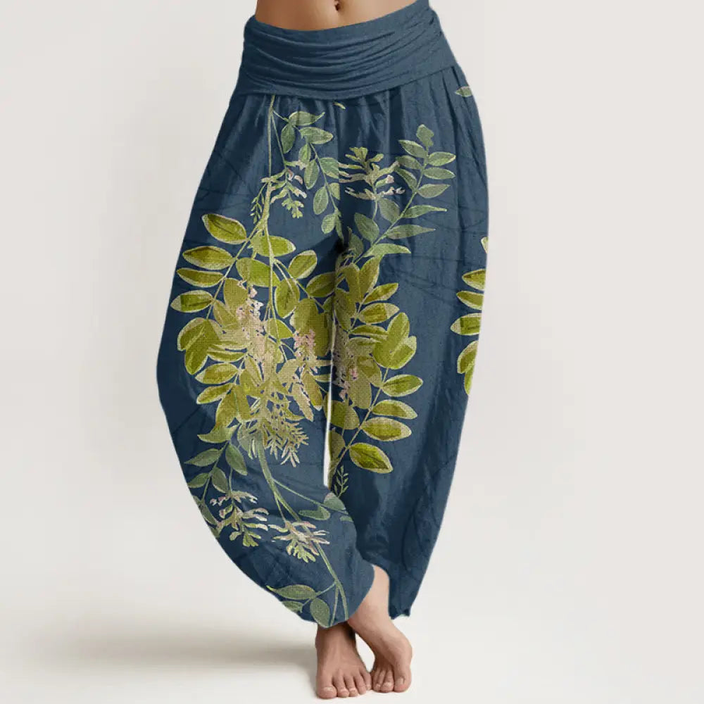Buddha Stones Cotton Green Leaves Branches Women’s Elastic Waist Harem Pants - MidnightBlue / US2，UK/AU6，EU34 (XS)