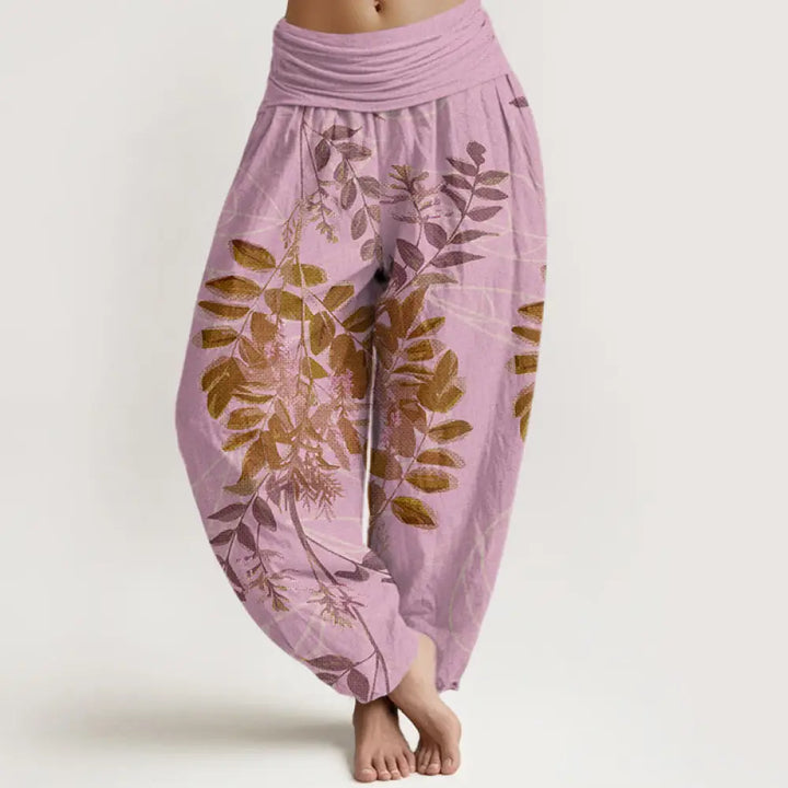 Buddha Stones Cotton Green Leaves Branches Women’s Elastic Waist Harem Pants - Pink / US2，UK/AU6，EU34 (XS) - Women’s